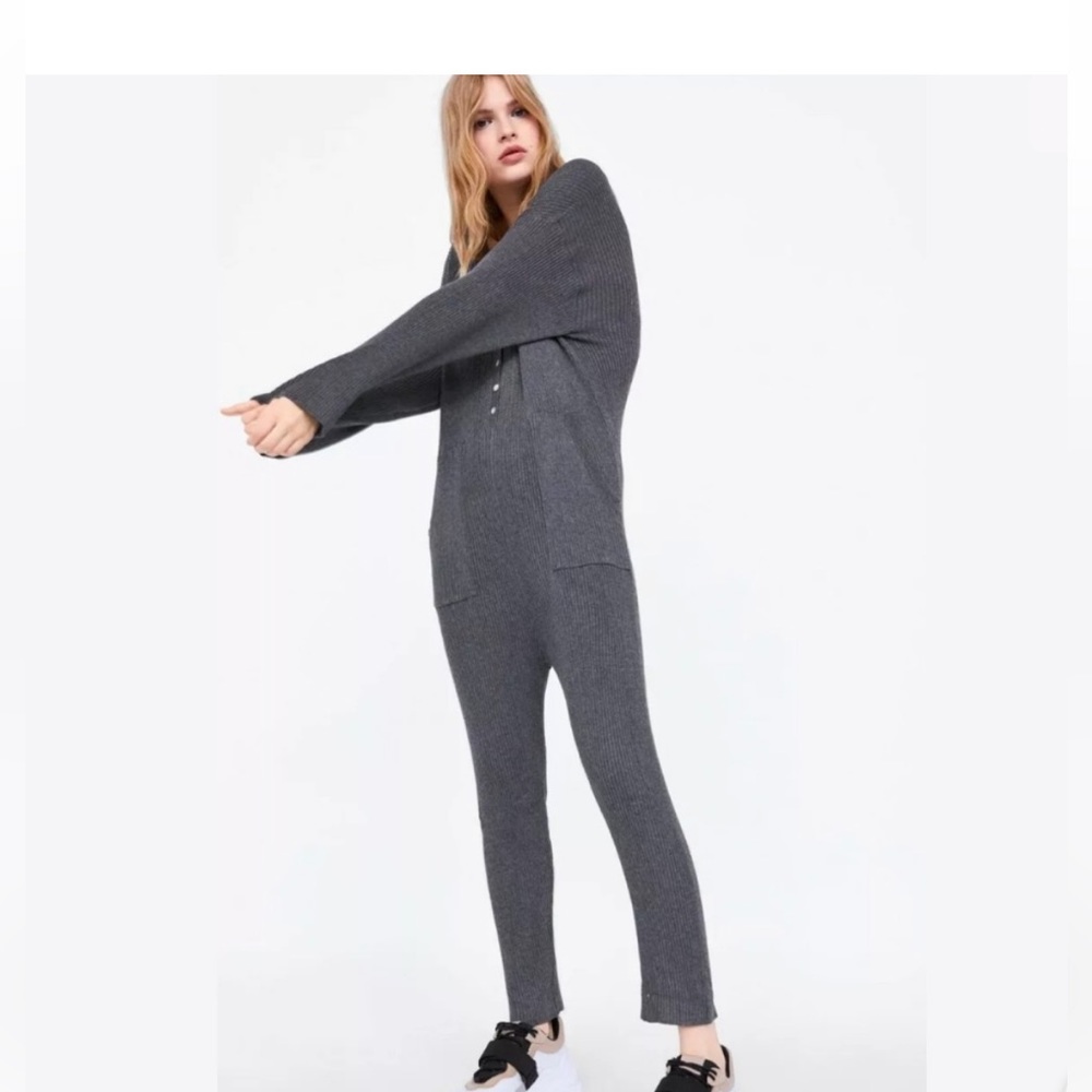 ZARA the Maternity Mood Ribbed Knit Jumpsuit Vneck with Buttons - Picture 2 of 8